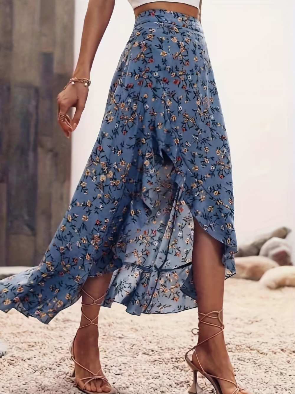 Blue Floral High-Low Wrap Maxi Skirt